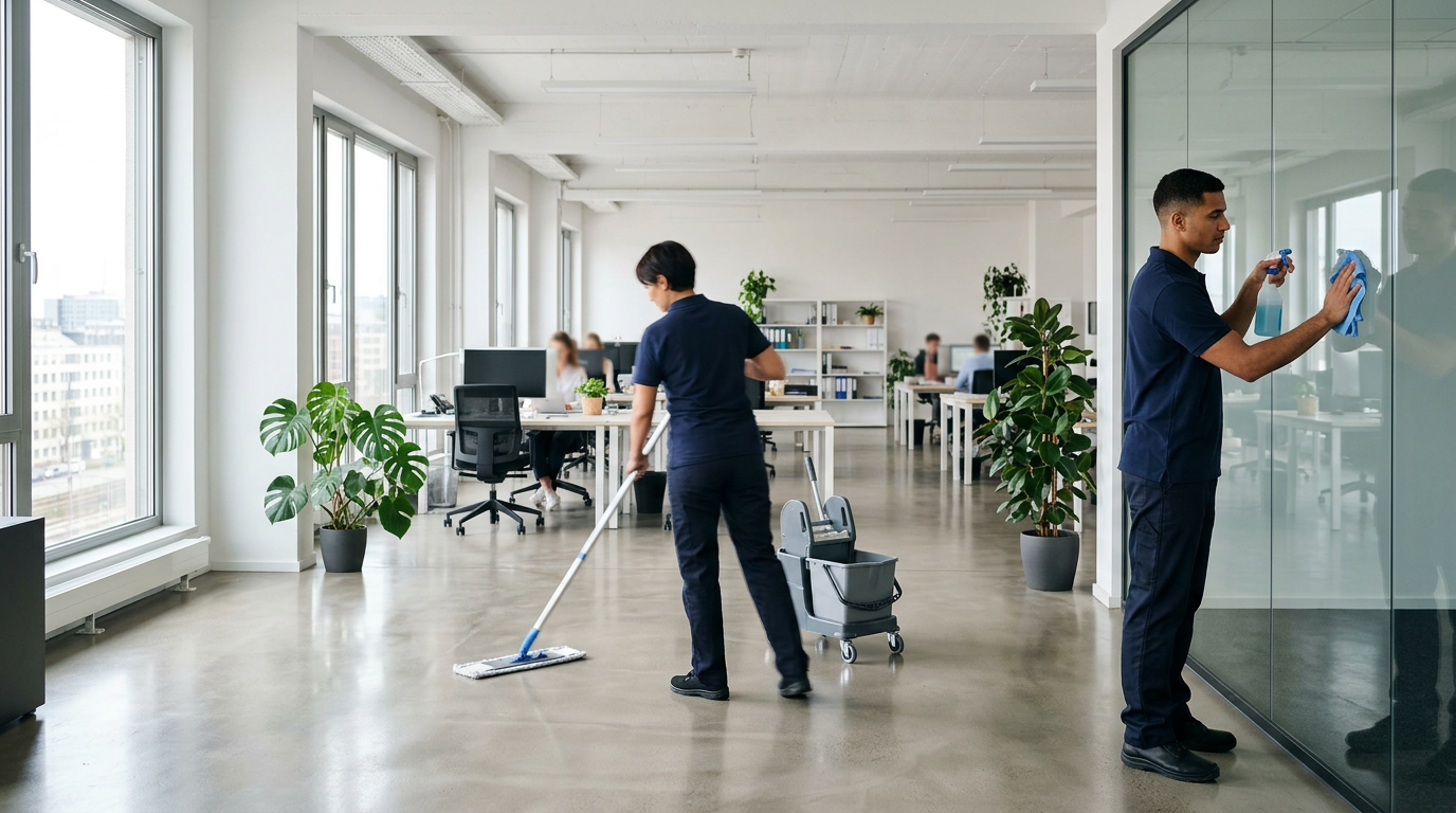 Schoonmakers aan het werk in een modern kantoor
